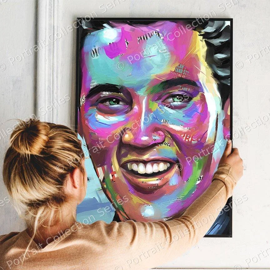 Rectangular format mockup of the Elvis Presley pop art portrait by Samson McNulty, “All Shook Up”