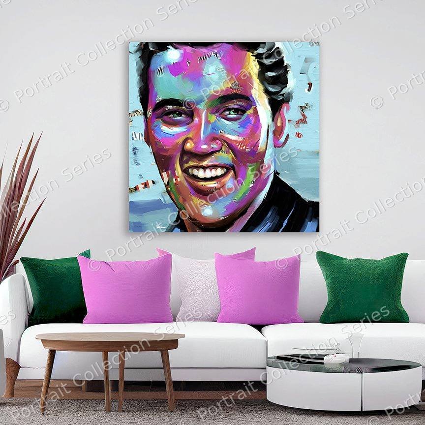 Elvis Presley pop art portrait by Samson McNulty, “All Shook Up”, shown hanging in a room setting