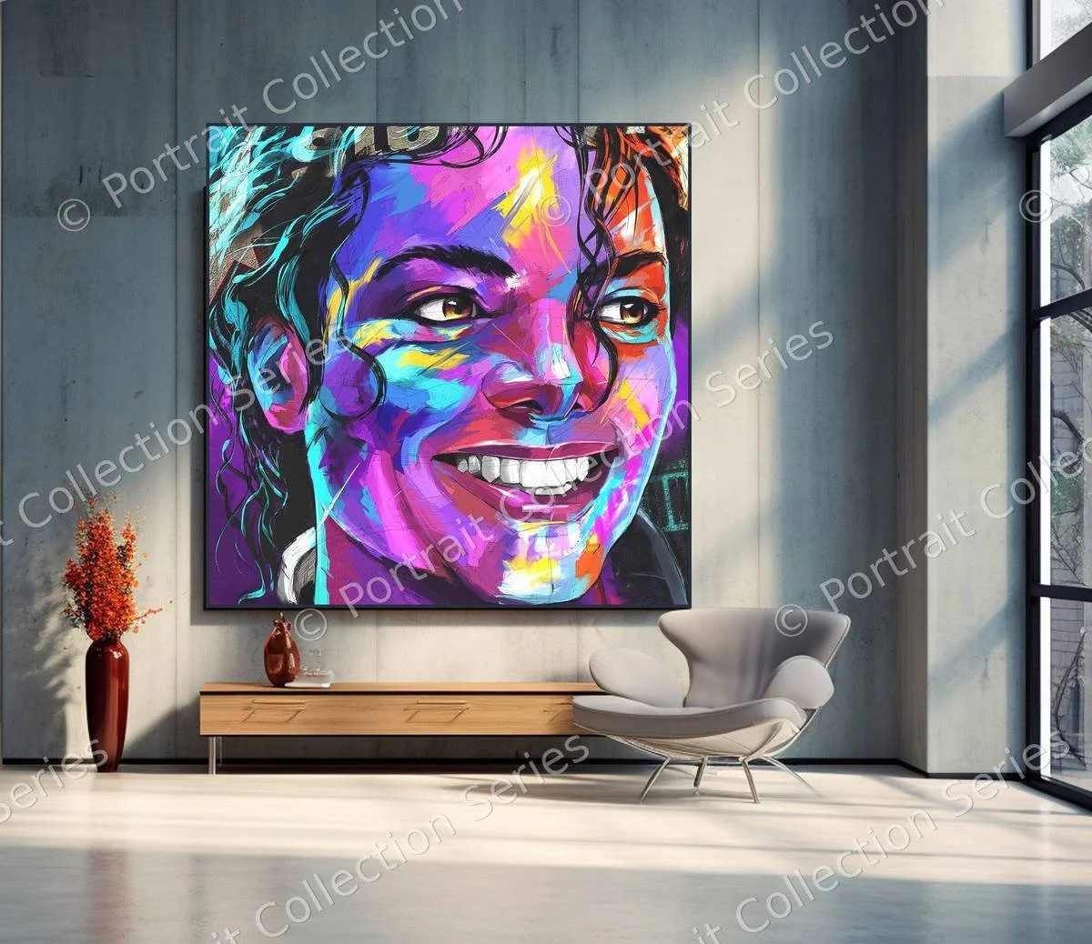 Michael Jackson pop art portrait #22 by Samson McNulty, shown hanging in a room setting