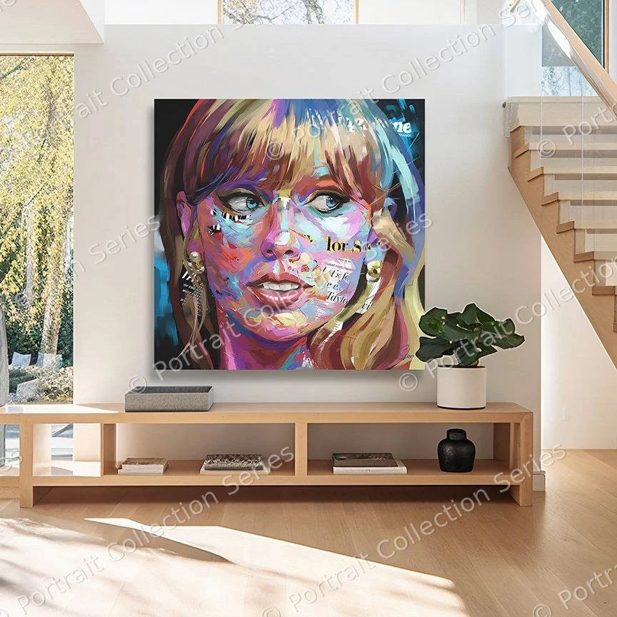 Taylor Swift pop art portrait by Samson McNulty, “Eras”, shown hanging in a room setting
