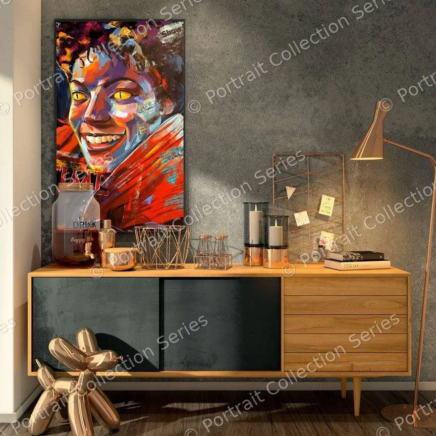 Michael Jackson pop art portrait #5 by Samson McNulty, shown hanging in a room setting
