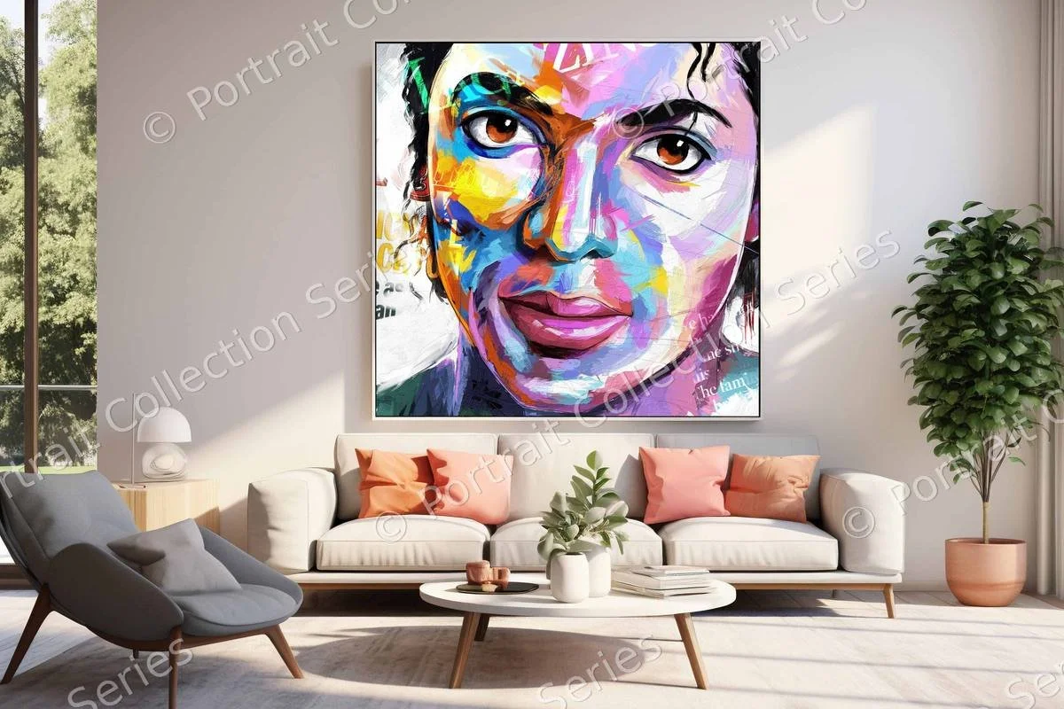 Michael Jackson pop art portrait #24 by Samson McNulty, shown hanging in a room setting