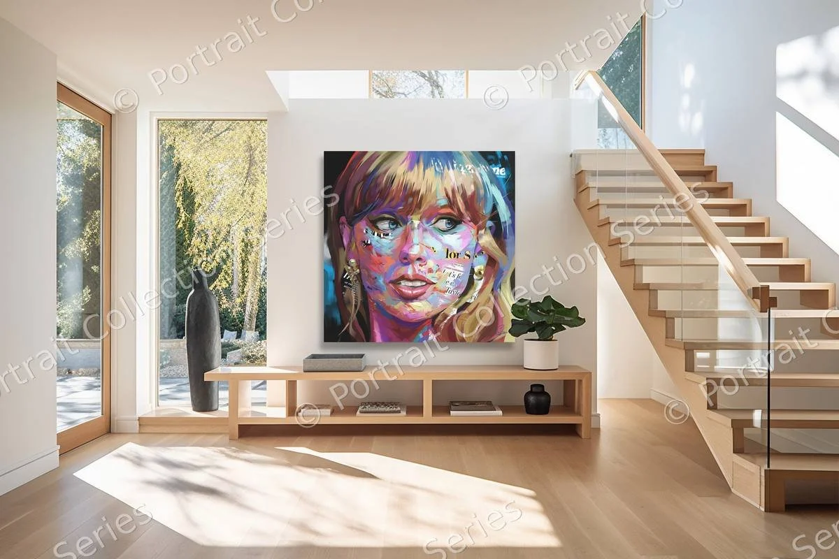 Taylor Swift pop art portrait by Samson McNulty, “Eras”, shown hanging in a room setting