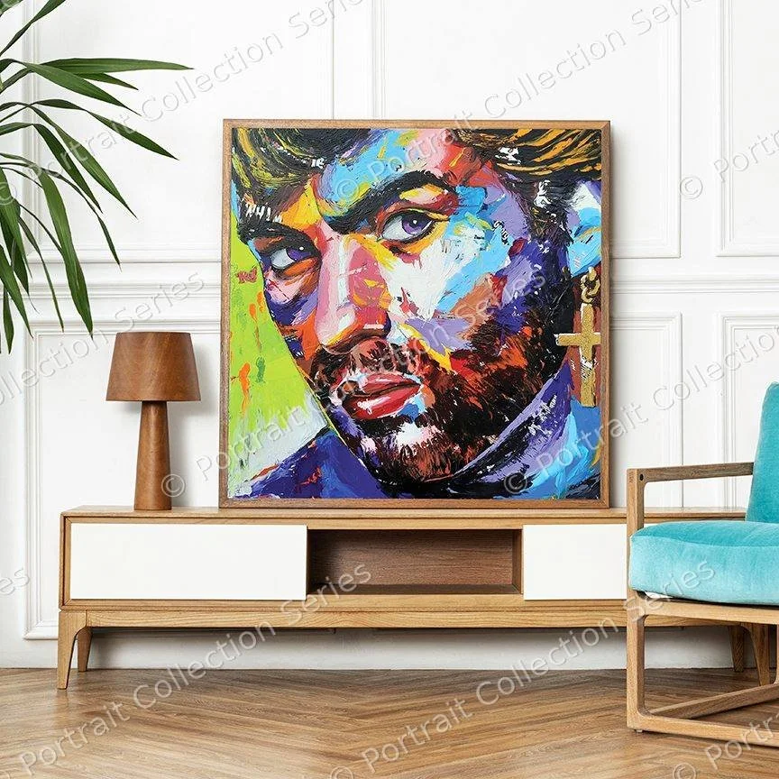 George Michael pop art portrait by Samson McNulty, “Faith”, shown hanging in a room setting