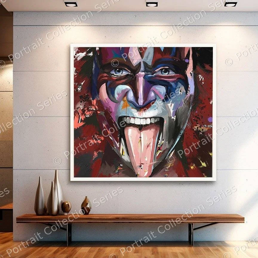 KISS pop art portrait by Samson McNulty, “Shock Rock”, shown hanging in a room setting