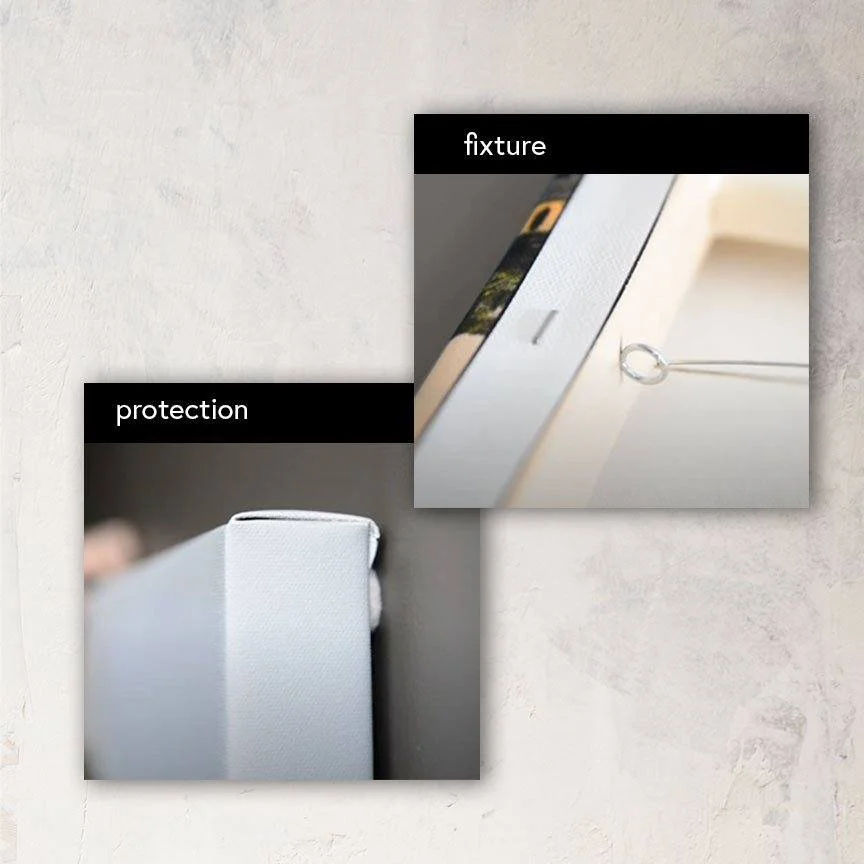 Close-up views of the hanging fixture and protection on a Portrait Collection Series canvas print