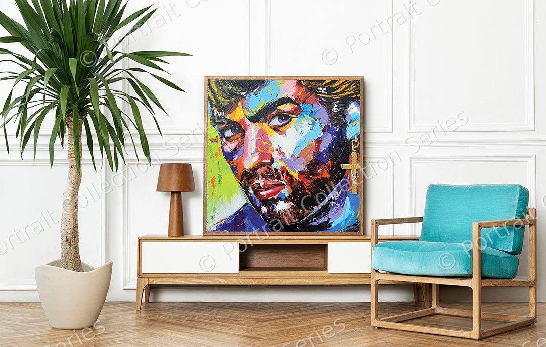 George Michael pop art portrait by Samson McNulty, “Faith”, shown hanging in a room setting