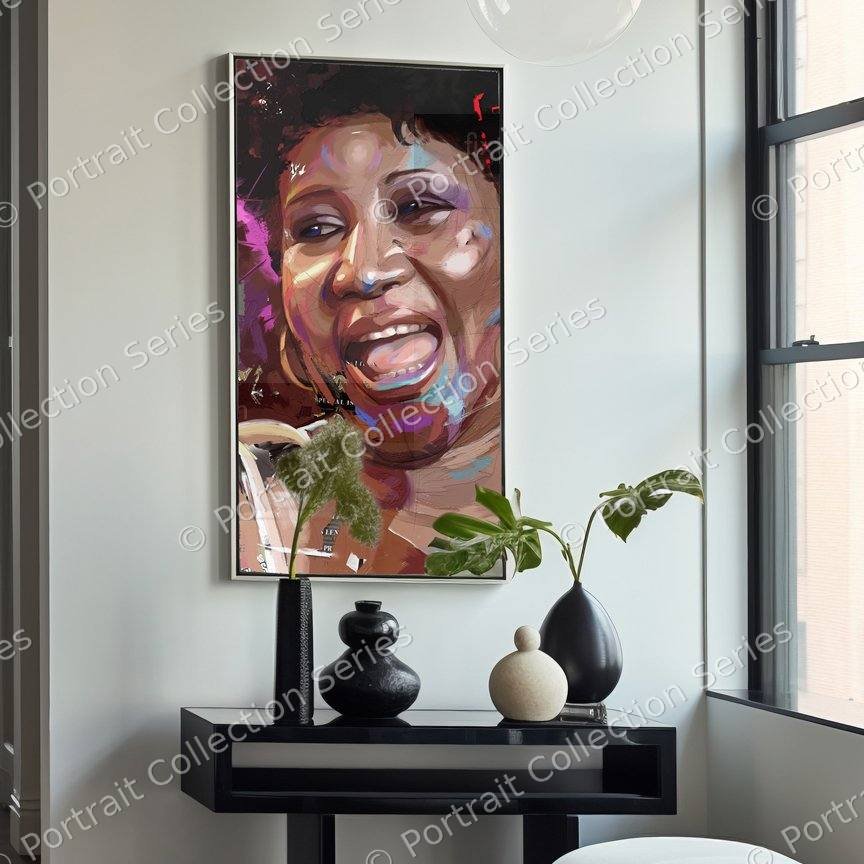 Aretha Franklin pop art portrait by Samson McNulty, “Queen of Soul”, shown hanging in a room setting