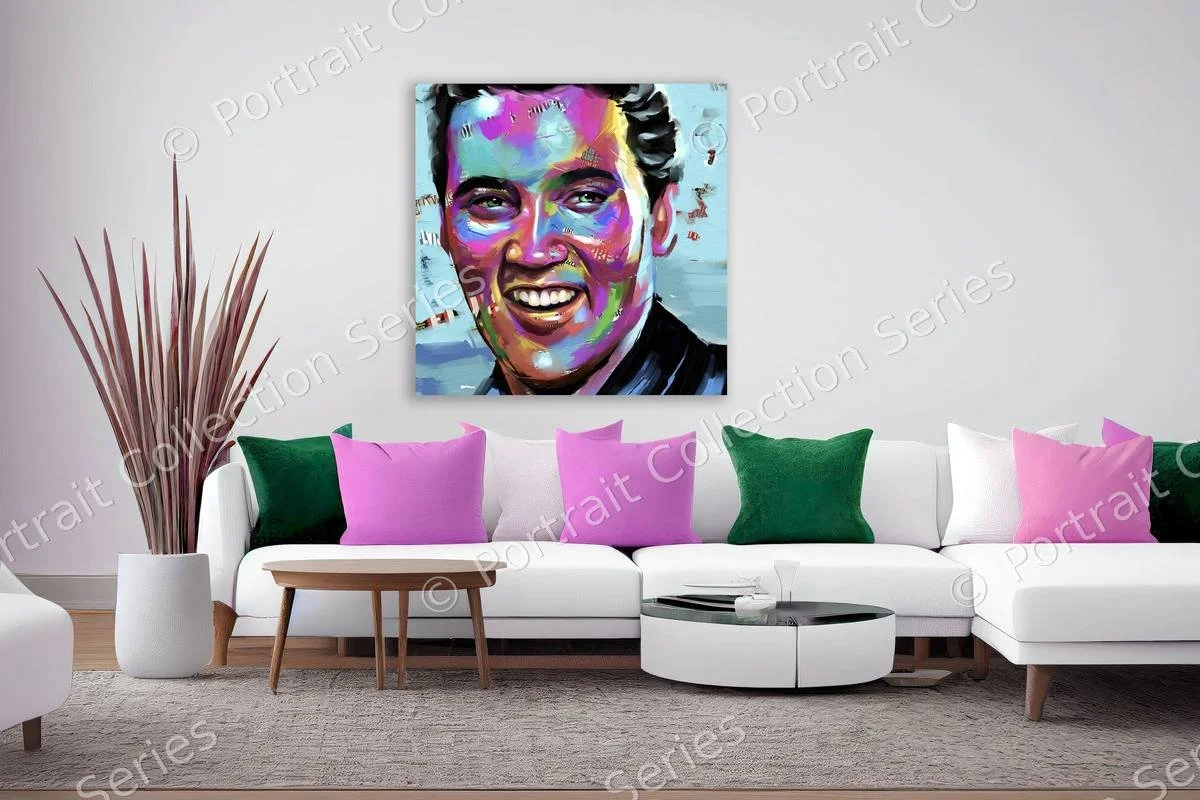 Elvis Presley pop art portrait by Samson McNulty, “All Shook Up”, shown hanging in a room setting