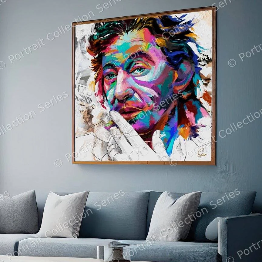 Serge Gainsbourg pop art portrait by Samson McNulty, “On the Beat”, shown hanging in a room setting