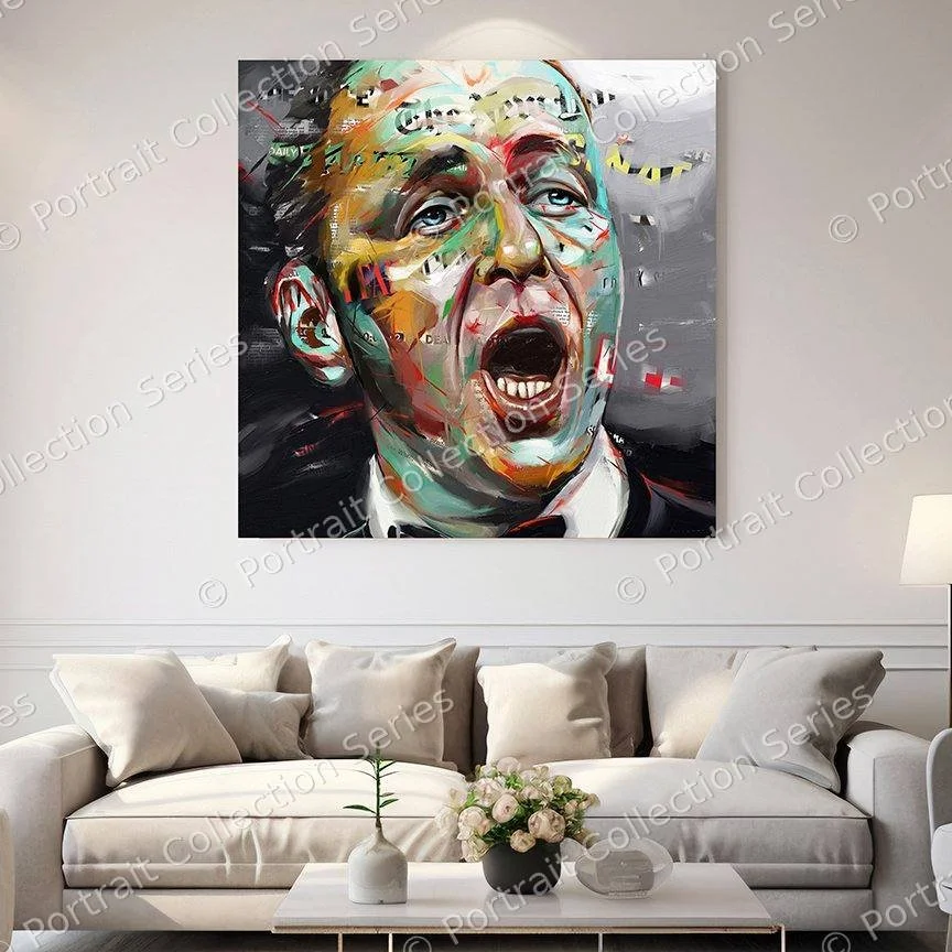 Frank Sinatra pop art portrait by Samson McNulty, “Ol' Blue Eyes”, shown hanging in a room setting