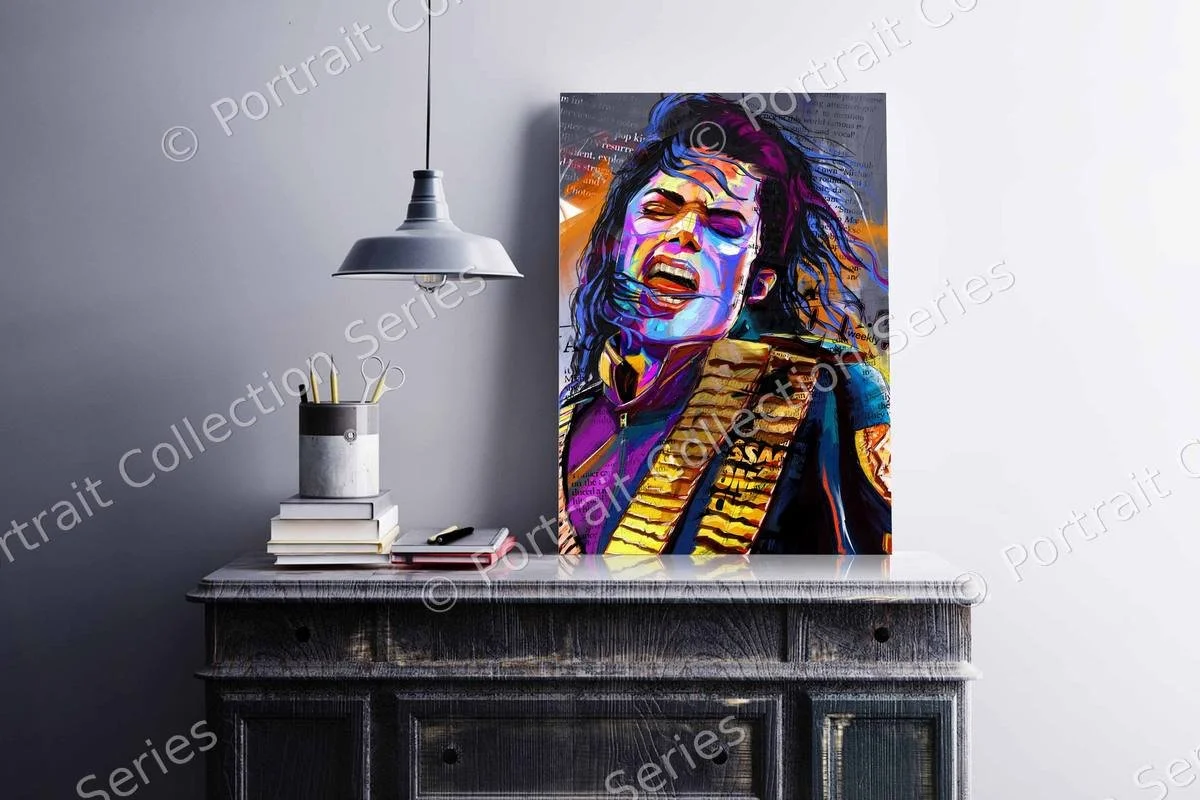 Michael Jackson pop art portrait #8 by Samson McNulty, shown hanging in a room setting