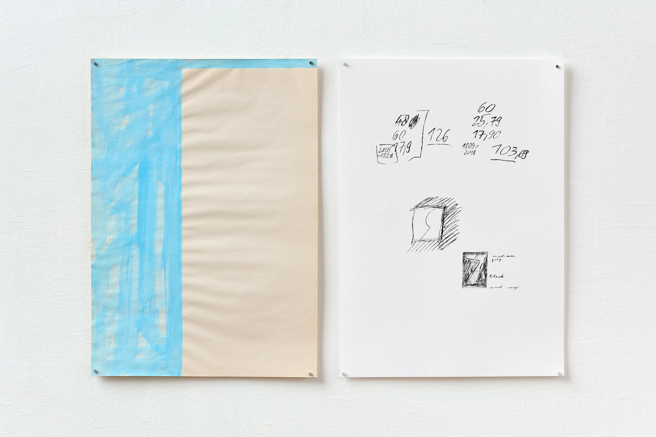 Yellowed Image-Absence Painting With Calculations and Sketches of Miniatures by Blinky Palermo / Gouache and silkscreen on paper, 2 x 420 x 297 mm / 2024 /Photograph: Dávid Bíró