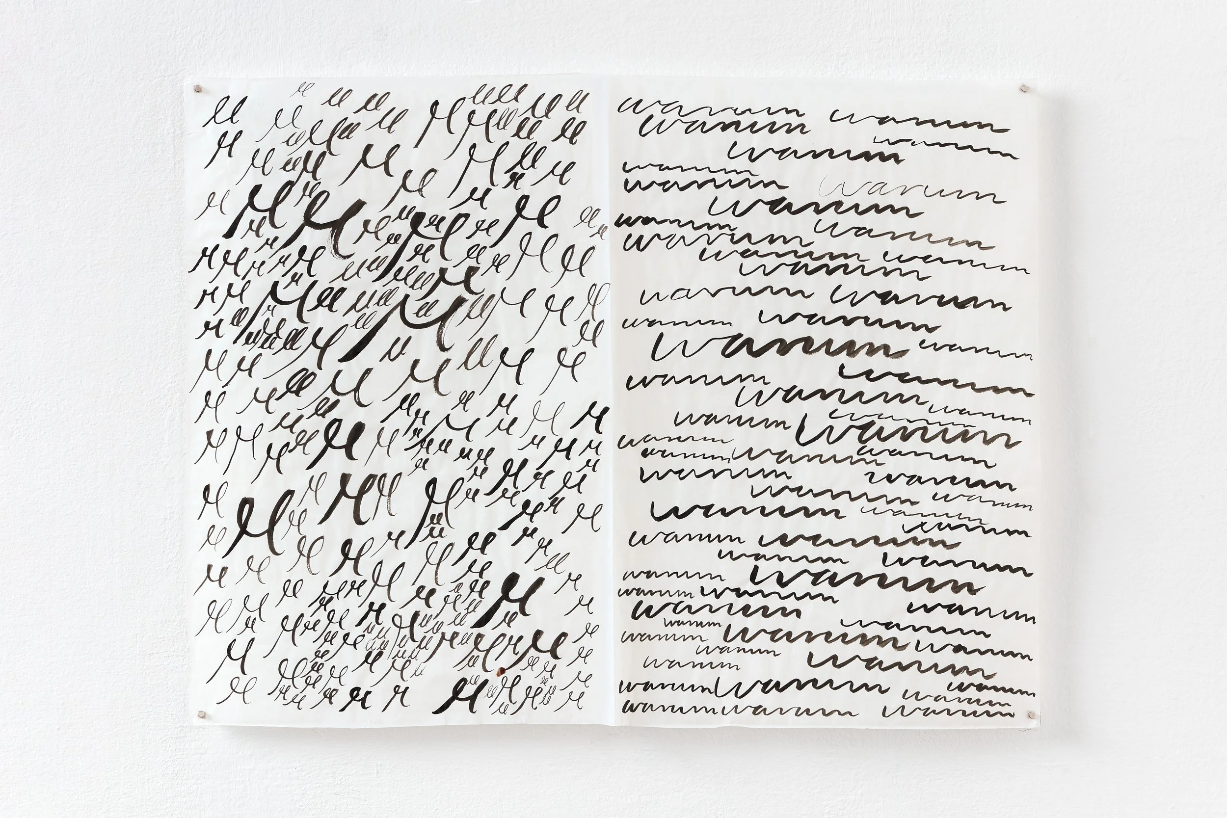 Unfolded (Travelling) Double-Drawing (Filaments and Warums) / Ink on paper, 355 x 468 mm / 2024 / Photograph: Dávid Bíró