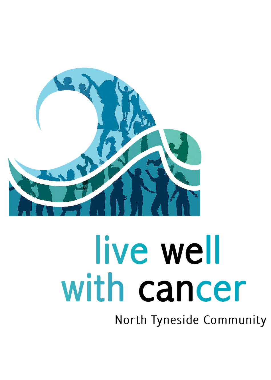 Silhouette of people within a wave graphic, accompanied by the text: 'live well with cancer North Tyneside Community.'