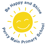 Logo of Percy Main Primary School featuring a smiling yellow sun with text "Be Happy and Shine Percy Main Primary School" surrounding it.