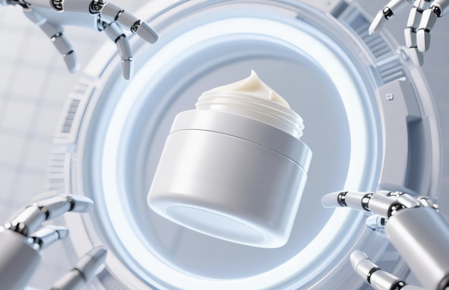 Robot hands reaching toward a cream