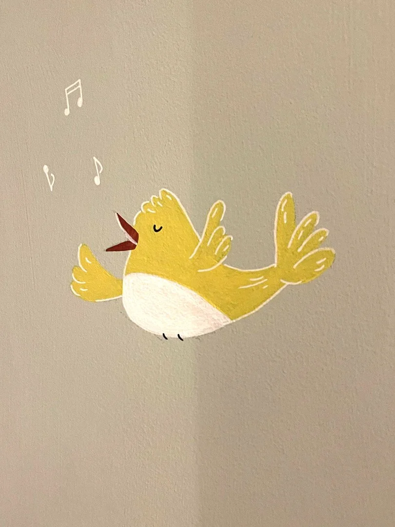 Illustration of a yellow bird with closed eyes singing, with musical notes near its open beak, on a beige wall.
