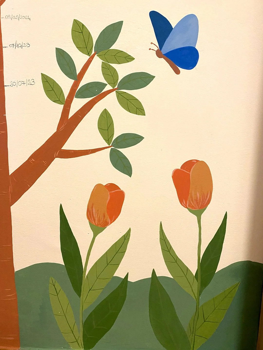 Illustration of a tree branch with green leaves, two orange flowers, and a blue butterfly flying nearby.