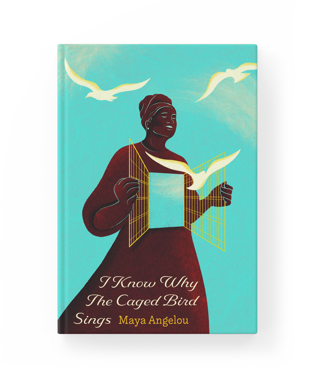 The book cover for "I Know Why the Caged Bird Sings" by Maya Angelou features an illustration of a woman with dark skin, wearing a headscarf and a brown dress, holding an open book. There are white birds flying in the background against a light blue
