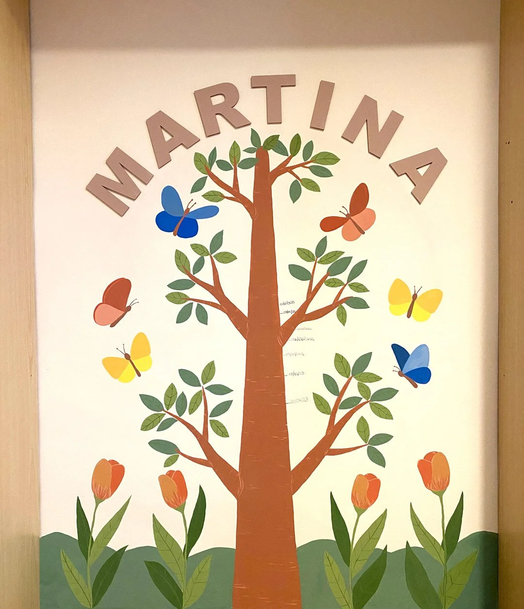 A colorful wall display featuring a large tree with green leaves, surrounded by butterflies of various colors and flowers at the bottom, with the words 'Mi ArtiNA' above the tree.
