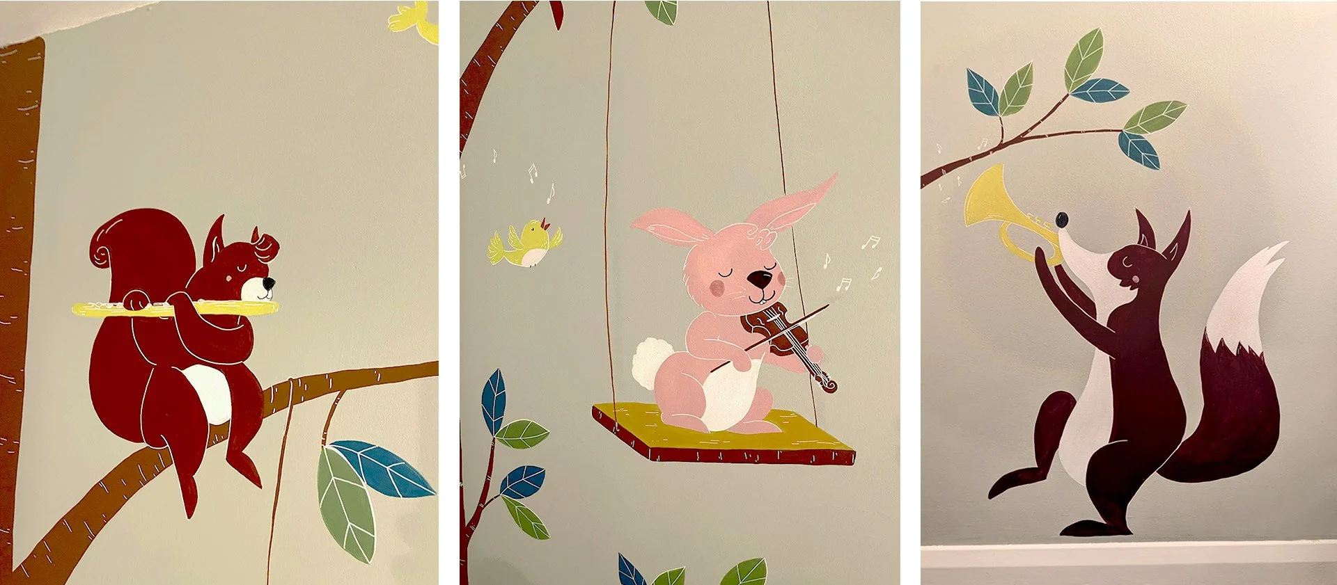 Colorful wall art of animals playing musical instruments and singing. A red squirrel playing the flute, a pink bunny playing the violin on a swing, and a dark fox playing a trumpet.