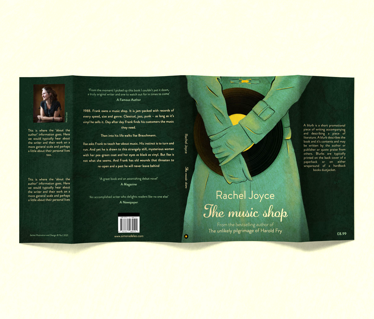 Book cover for 'The Music Shop' by Rachel Joyce, featuring an illustration of a person in a green coat playing a vinyl record, with reviews on the back cover.