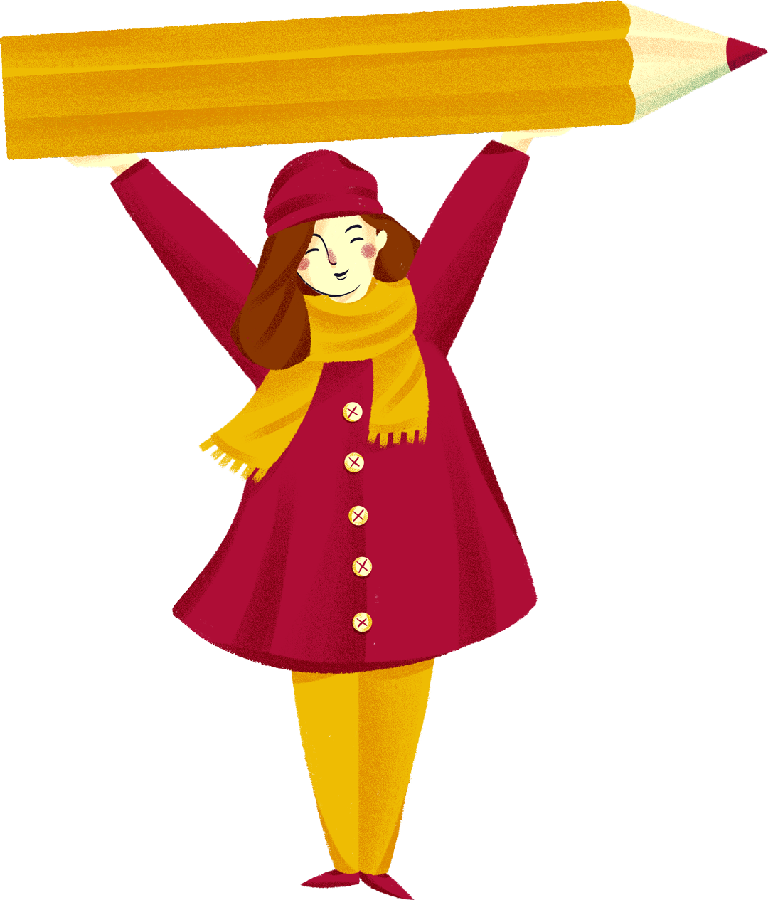 Illustration of a happy girl with brown hair, wearing a red coat, matching hat, yellow scarf, and yellow tights, holding a large yellow pencil over her head.