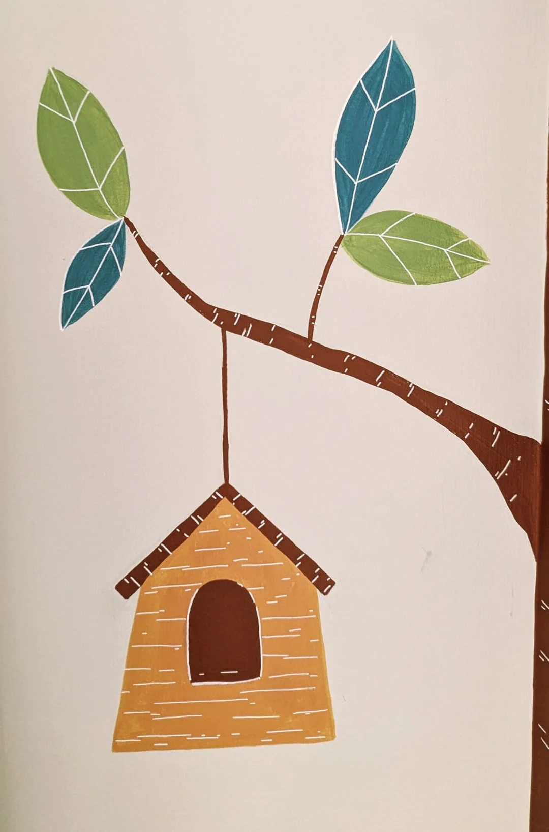 Illustration of a tree branch with three leaves and a birdhouse hanging from it.