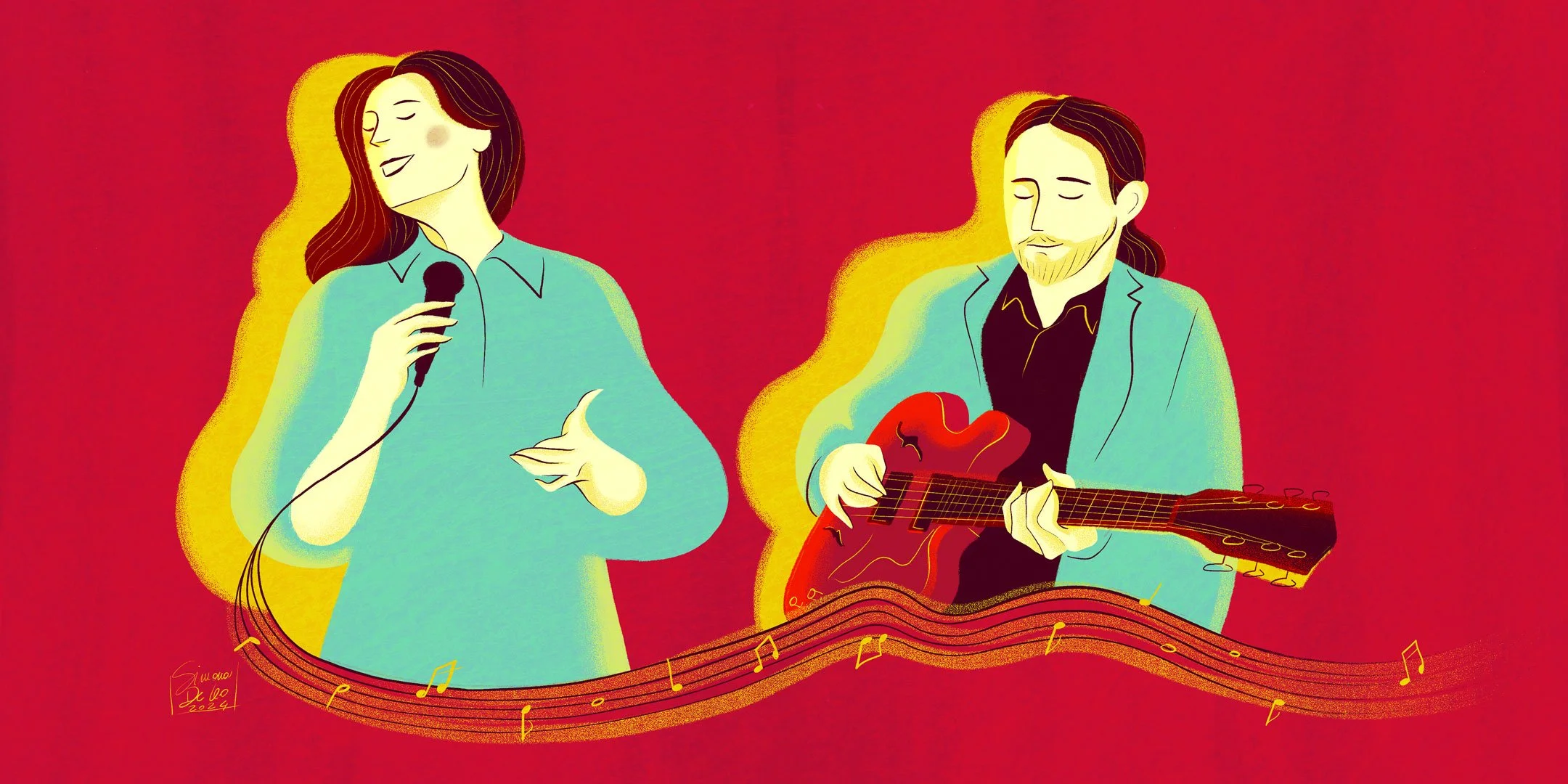 singer and guitarist playing a gig, london