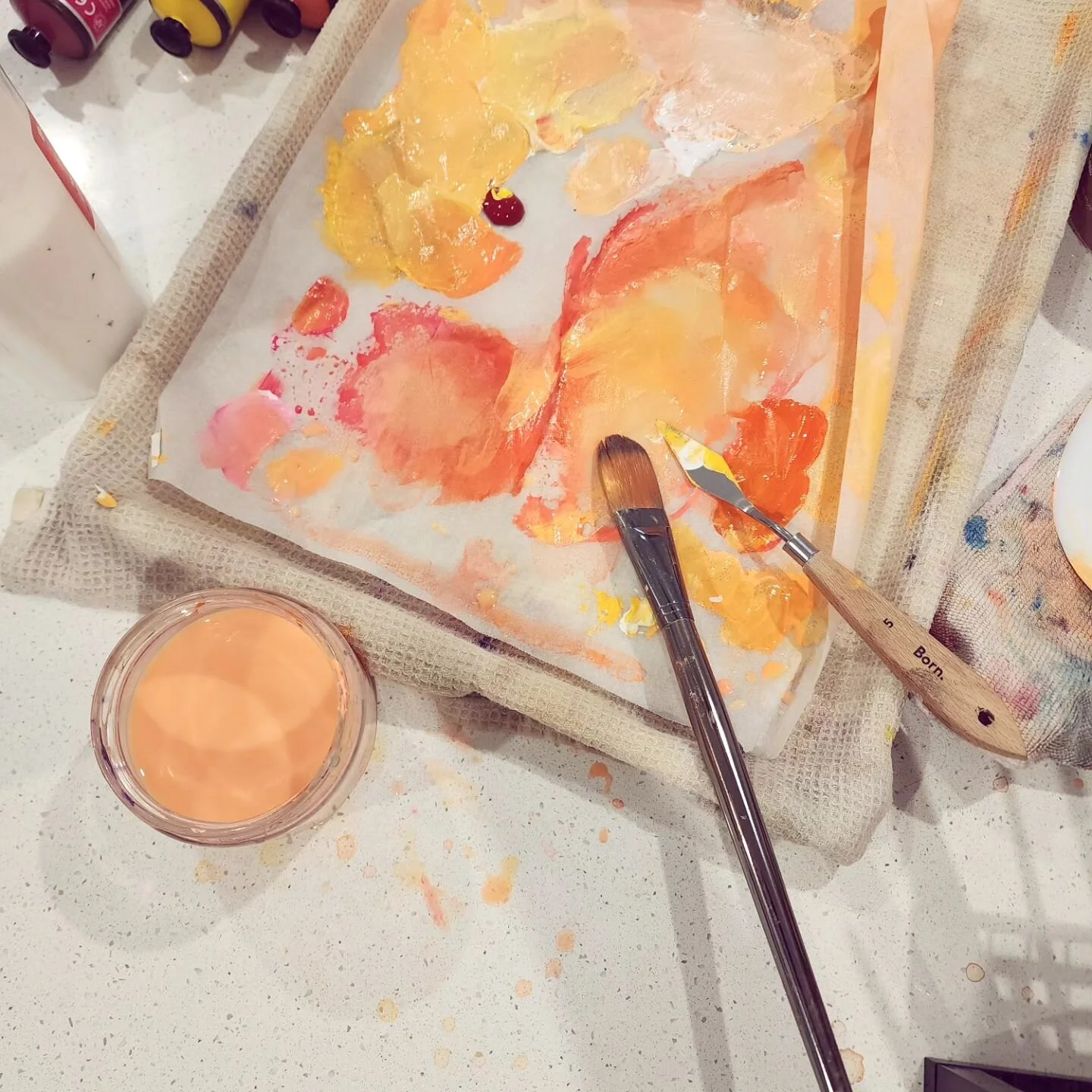Paint, paint, paint. I set out to lay down a yellow background, found some neon pink, and instead made some very vibrant orange. After that, I just let the painting take me where it wanted to go. I'm quite excited with the results. Watch this space ?