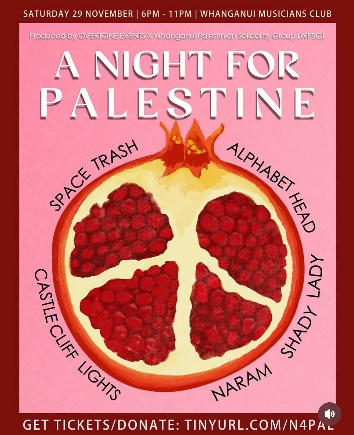 SATURDAY 29 NOVEMBER 
Whanganui Musicians Club 
6pm - 11pm

It has been such a great honour to work with @overtoneevents X @whanganui_psg and @dailysecretion on the imagery for A Night for Palestine, an incredible evening of live music and solidarity