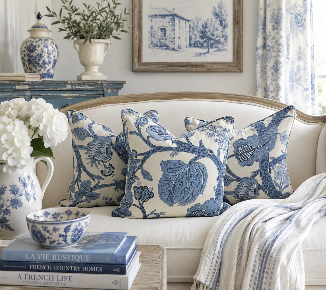 Thibaut Macbeth Blue Piped & Zipped Cushion (55cm  55cm)