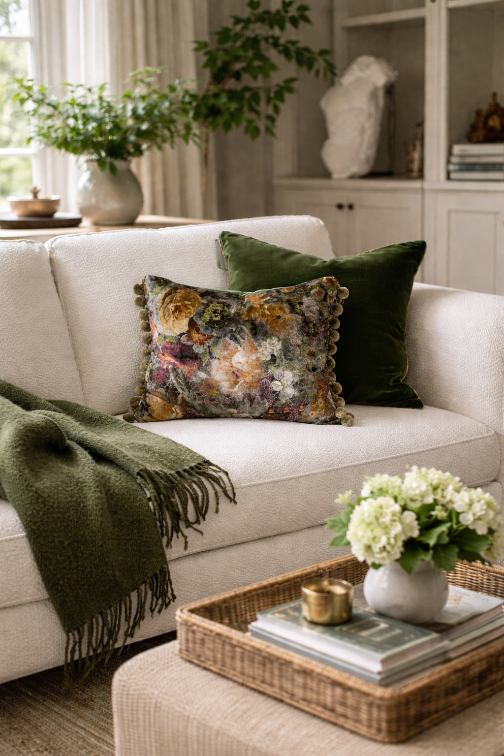 GP&J Baker Royal Garden (Amber /Jade) Velvet cushion with Pom Pom trim (40cm x 30cm)