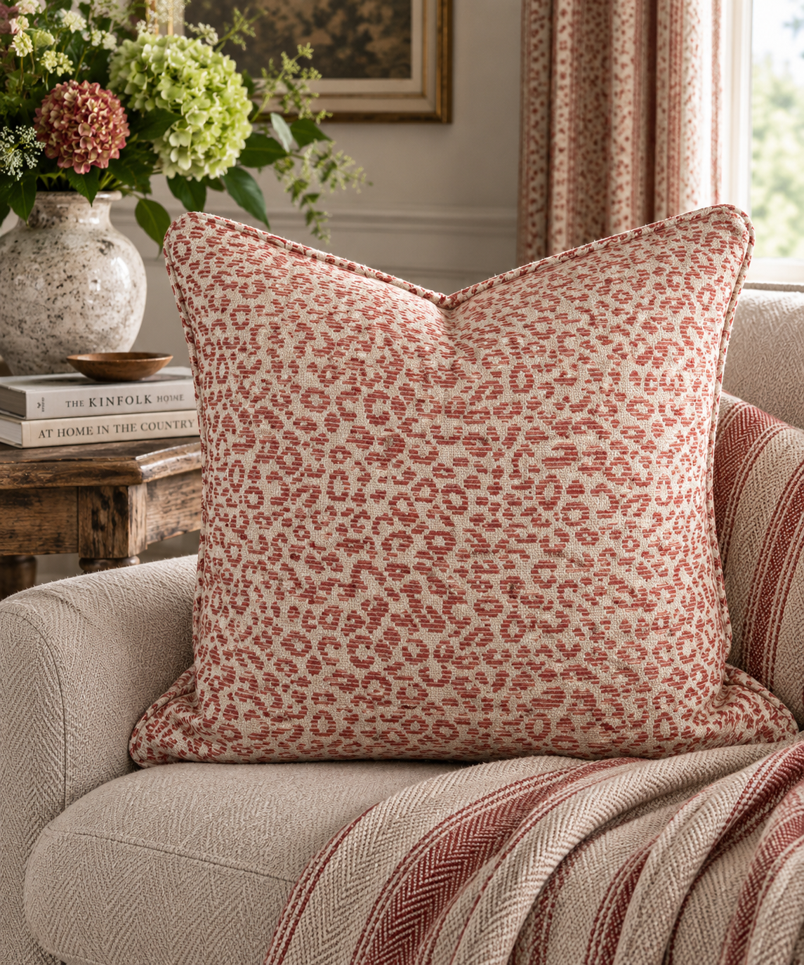 Colefax & Fowler 'Baxter' - Red Piped & Zipped Feather Filled Cushion (55cm x 55cm)