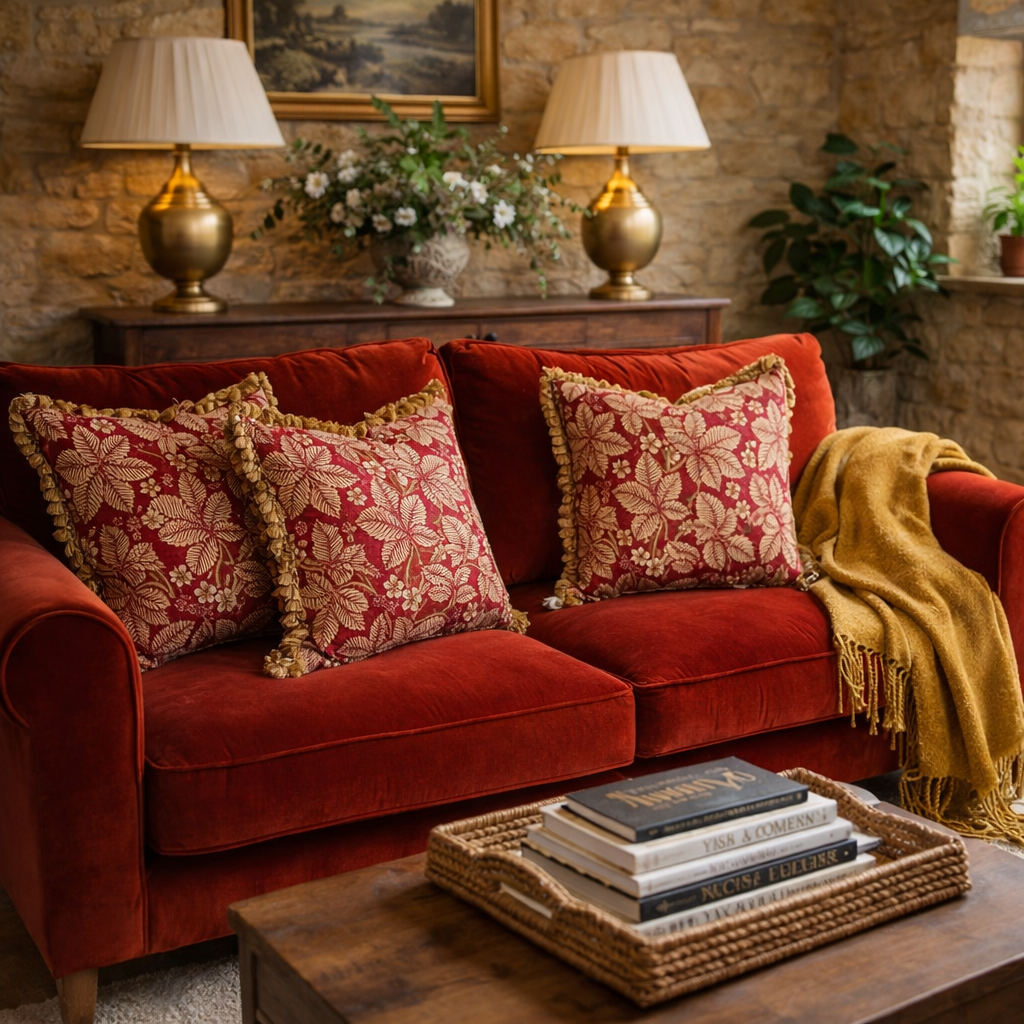 William Morris Bramble in 'Wine & Thyme' with gold tassel trim (50cm x 50cm)