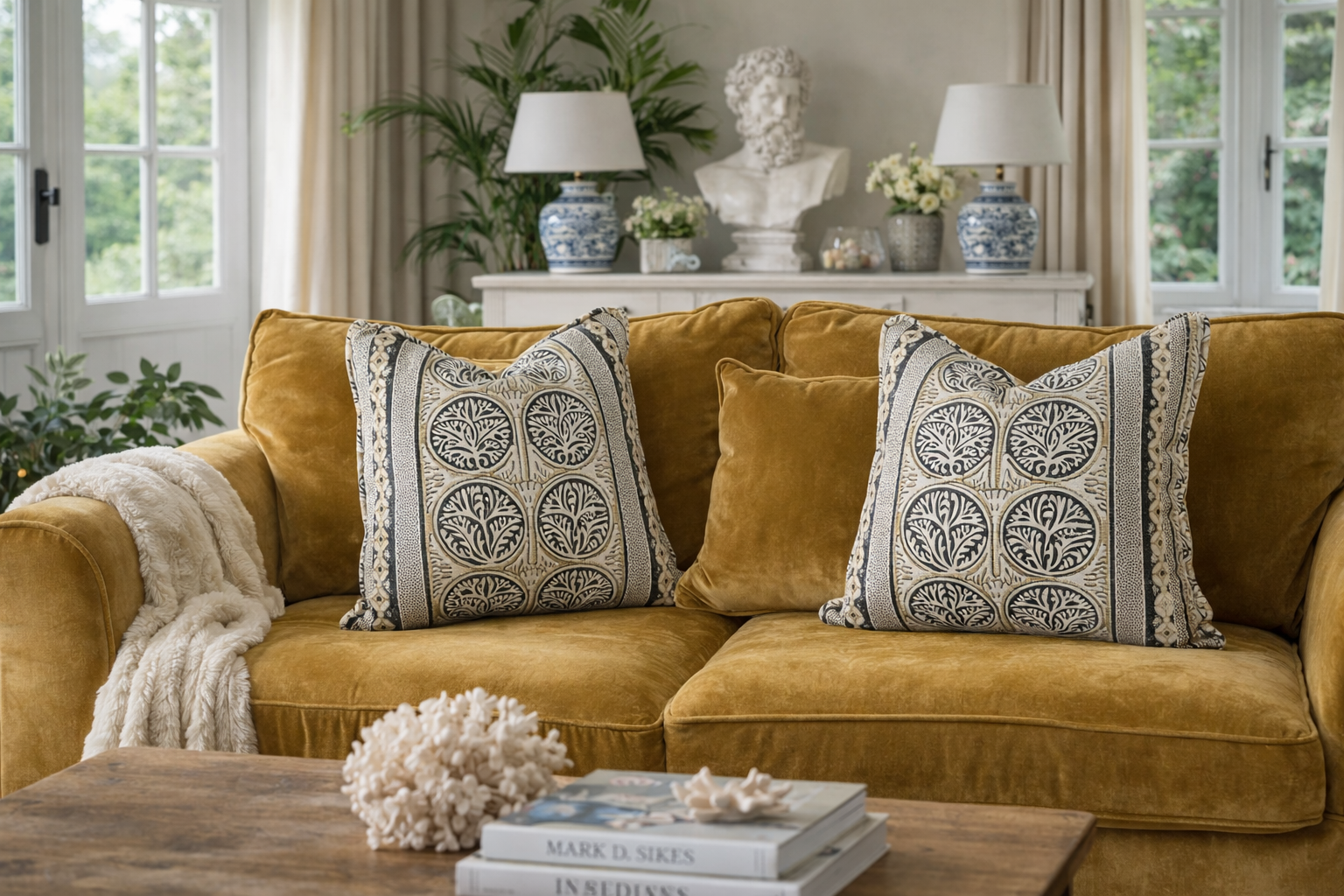 Thibaut Fair Isle 'Petrol and Yellow' Feather filled cushion (50cm x 50cm)