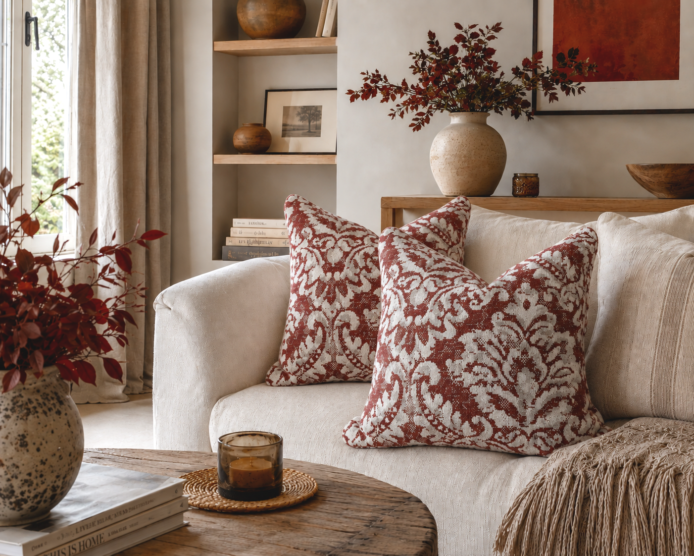 Terracotta & Soft Cream Textured Damask Cushion (50cm x 50cm)