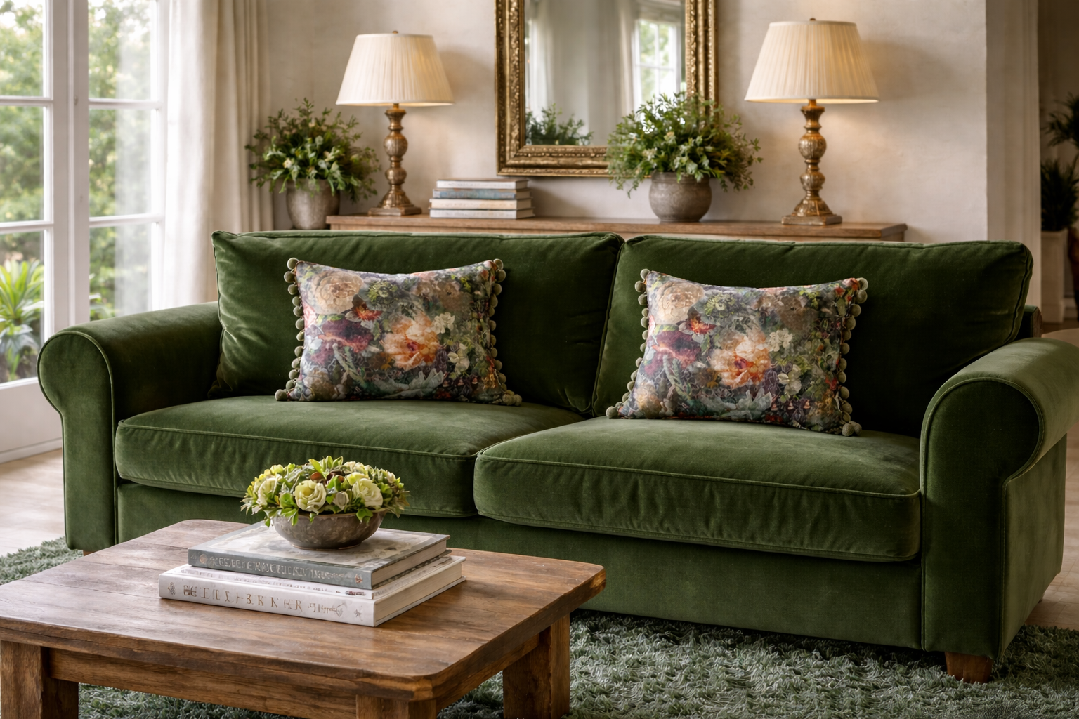 GP&J Baker Royal Garden (Amber /Jade) Velvet cushion with Pom Pom trim (40cm x 30cm)