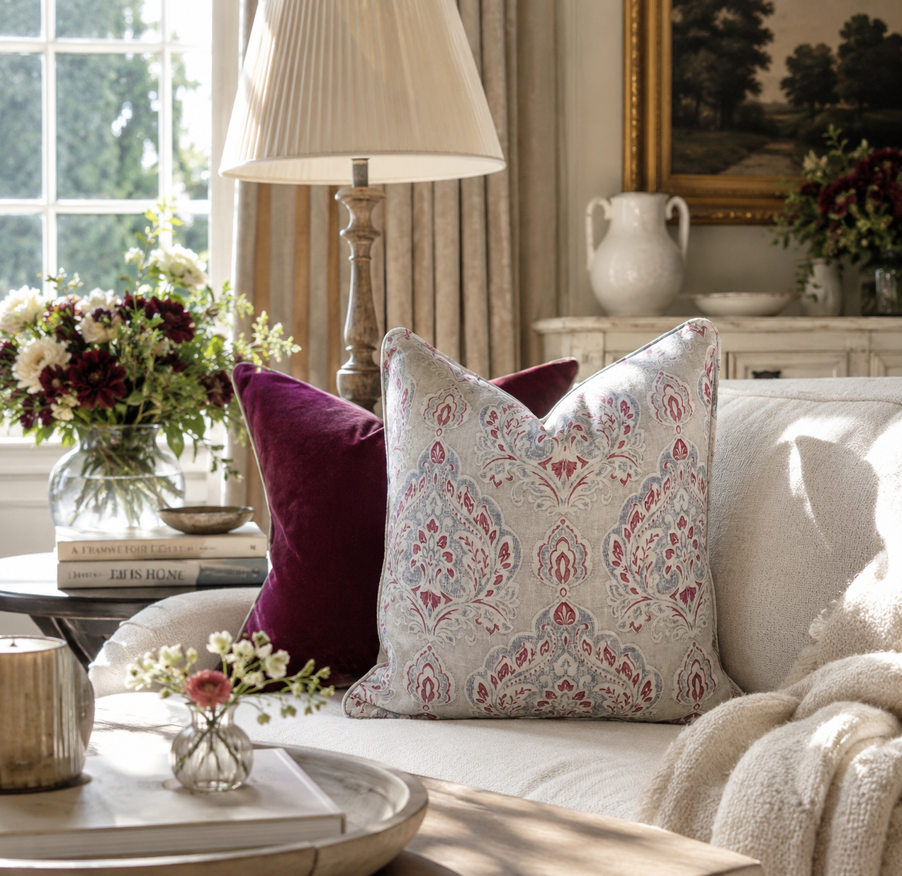 Colefax & Fowler  Lismore  (Red) 100% linen Feather Filled Cushion 60cm x 60cm