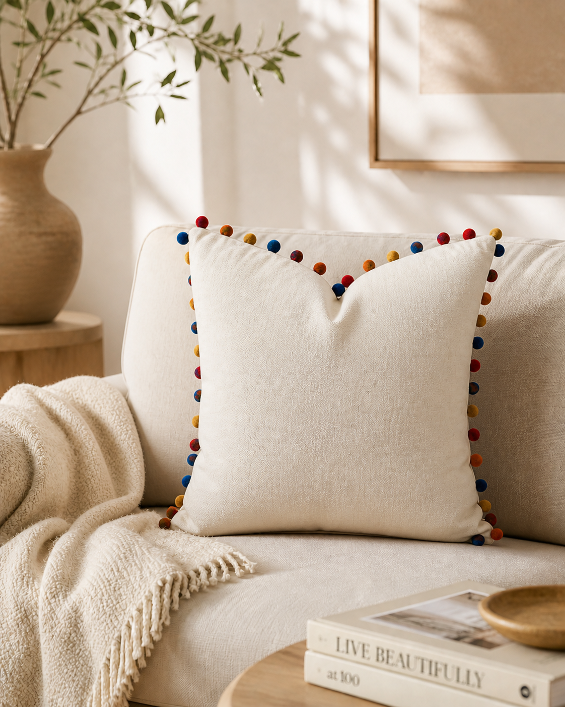 ROMO Linara Cushion with multi-coloured pom pom trim (50cm x 50cm)