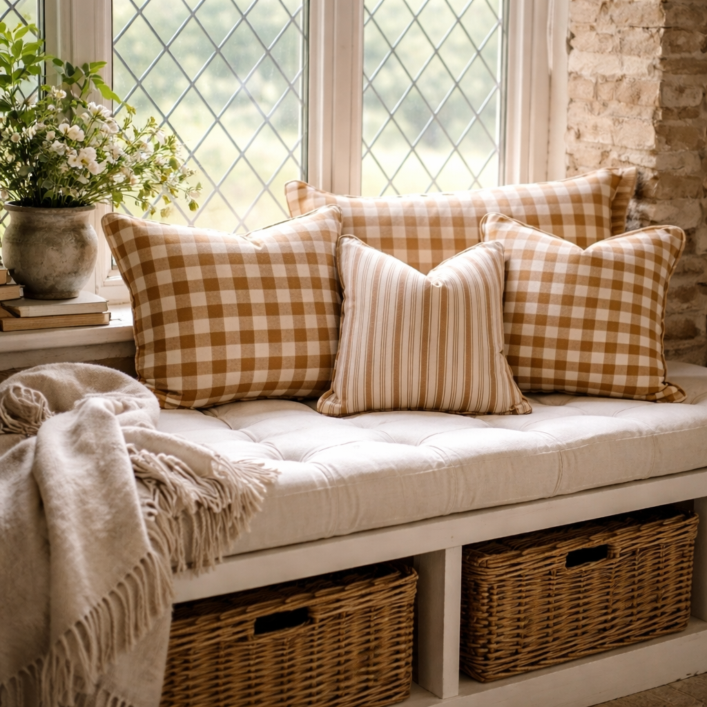 Lumbar Cushion - Ochre check & stripe with frill to each edge (94cm x 40cm)