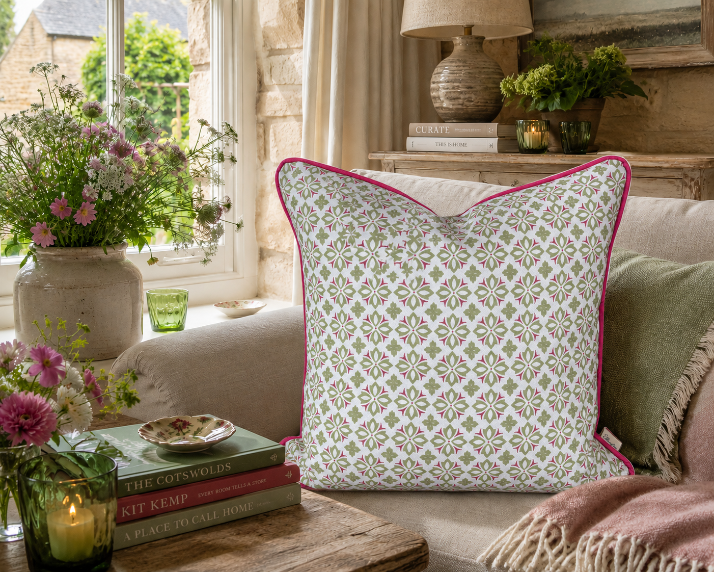 Meg Morton - Alanna 'Meadow Green & Campion Red (50cm x 50cm)
