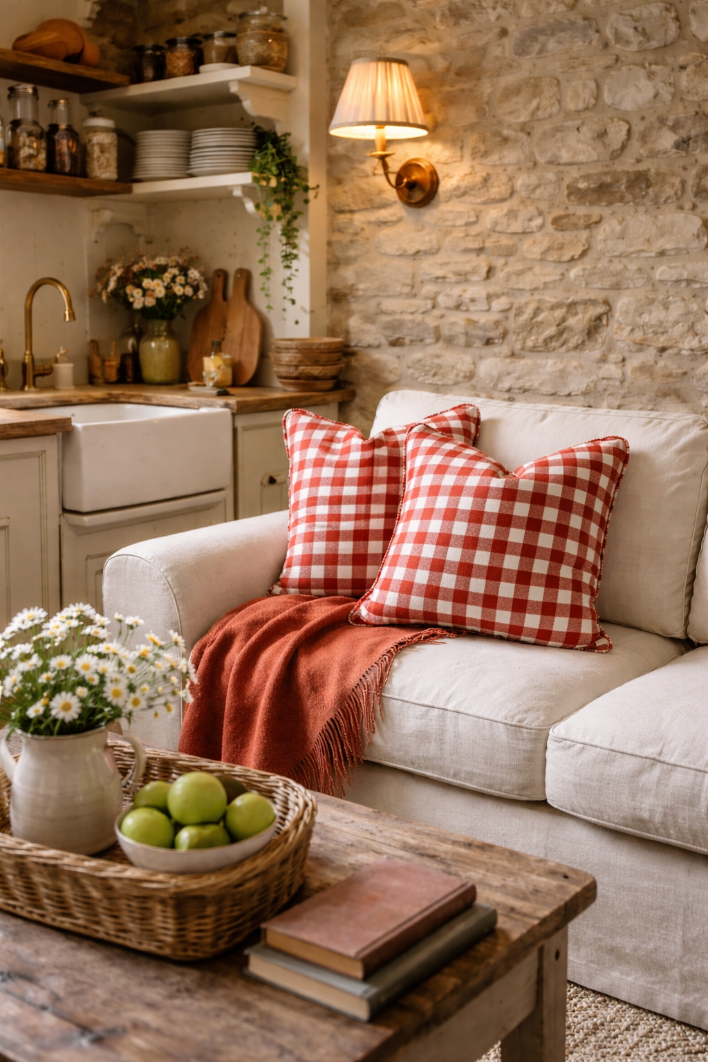 Terracotta & Cream Check & Stripe cushion (50cm x 50cm)