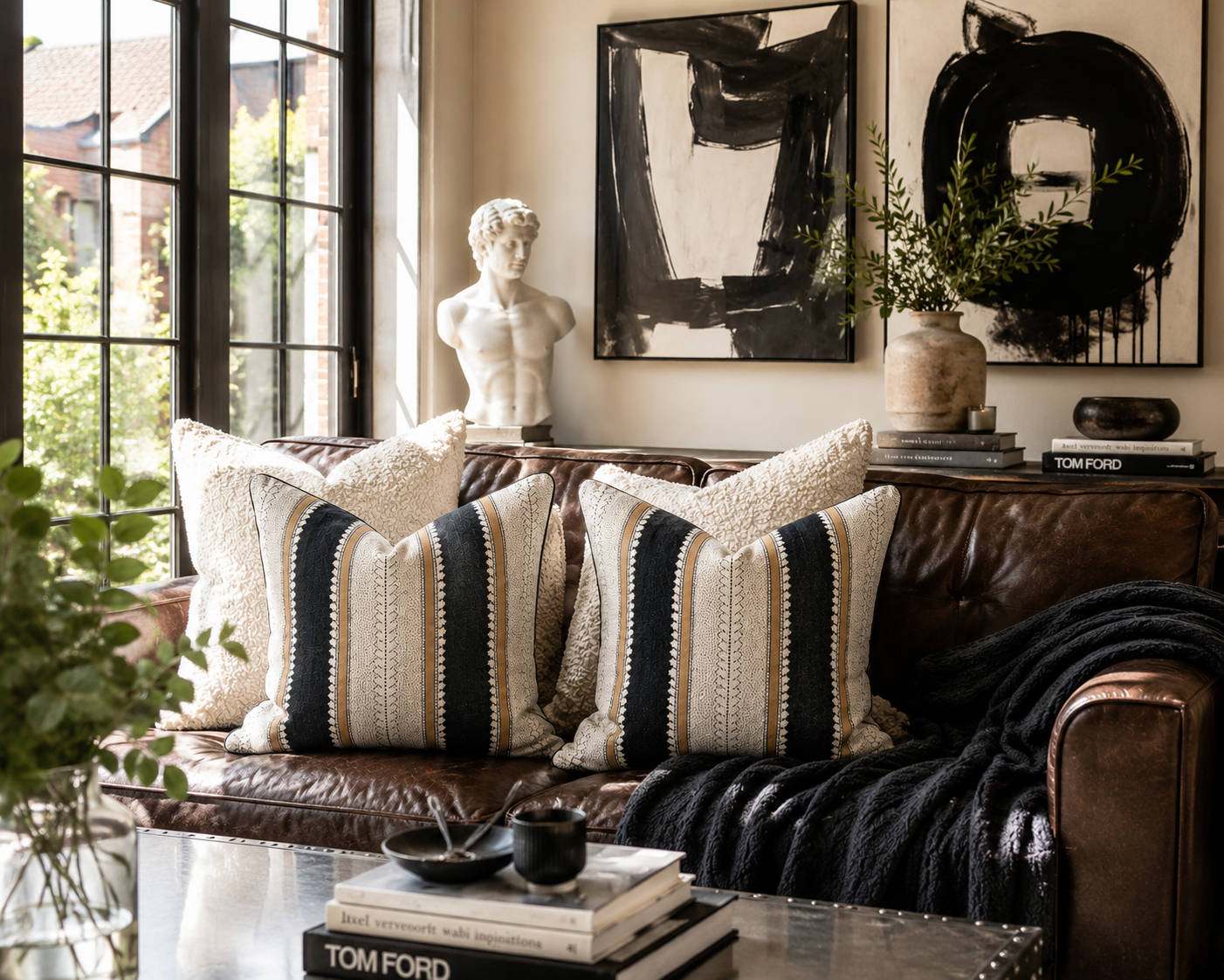 Linwood Dimity Stripe Designer Cushion – Charcoal | Luxury Feather Filled Cushion | 50 x 50cm