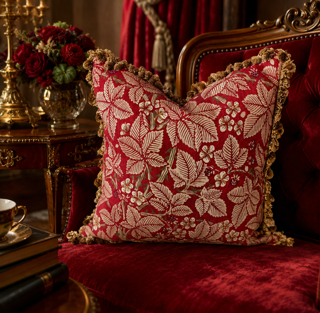 William Morris Bramble in 'Wine & Thyme' with gold tassel trim (50cm x 50cm)