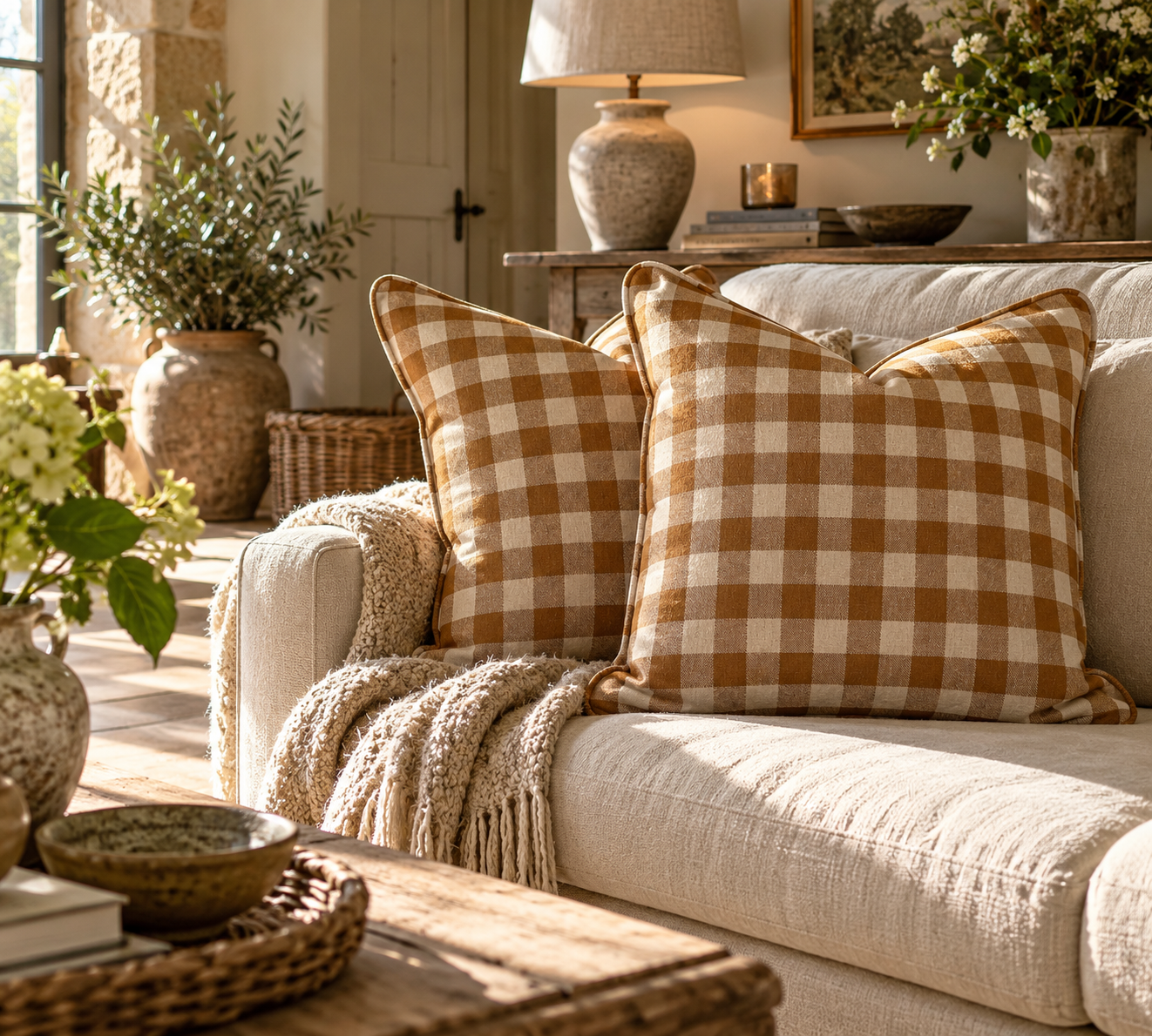 Ochre Check & Stripe Piped & Zipped Designer Cushion – 50cm x 50cm