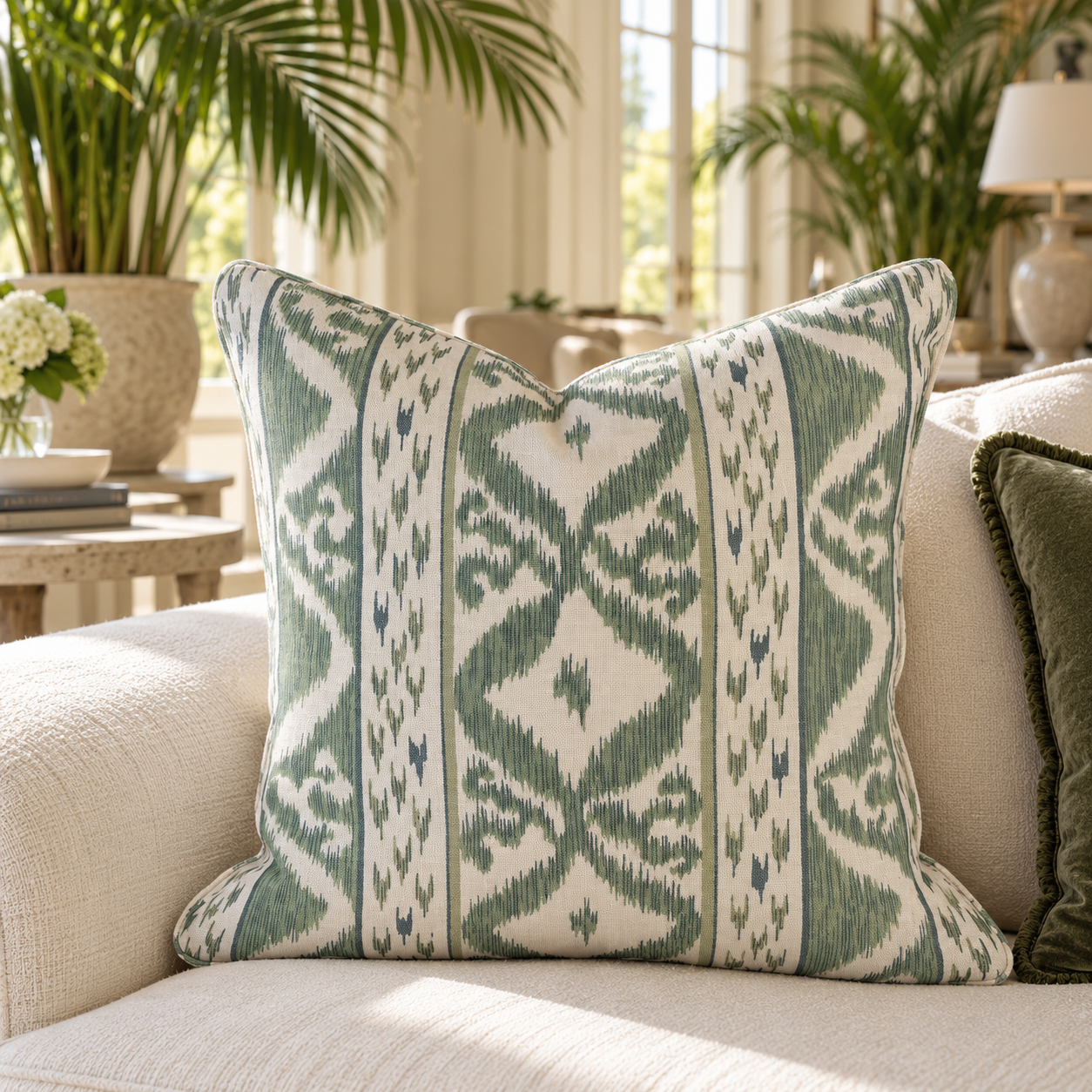 Sage Ikat Cushion in a Sunlit Living Room.png