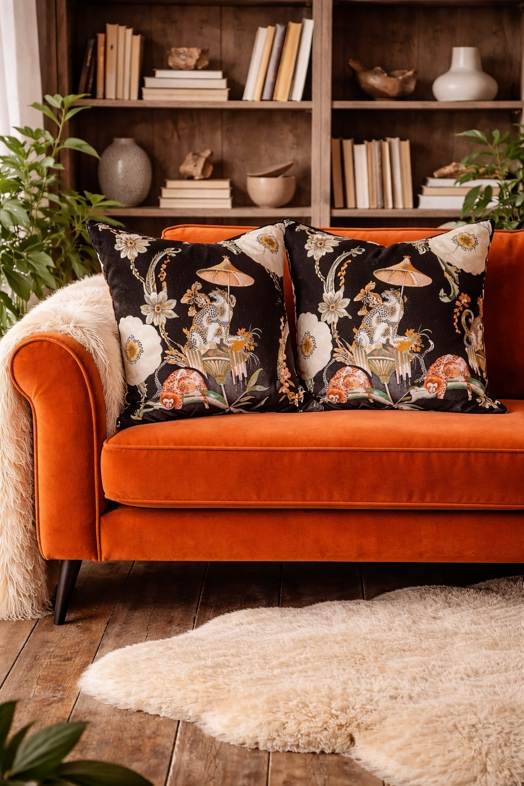 Elegant velvet sofa with intricate cushions.png