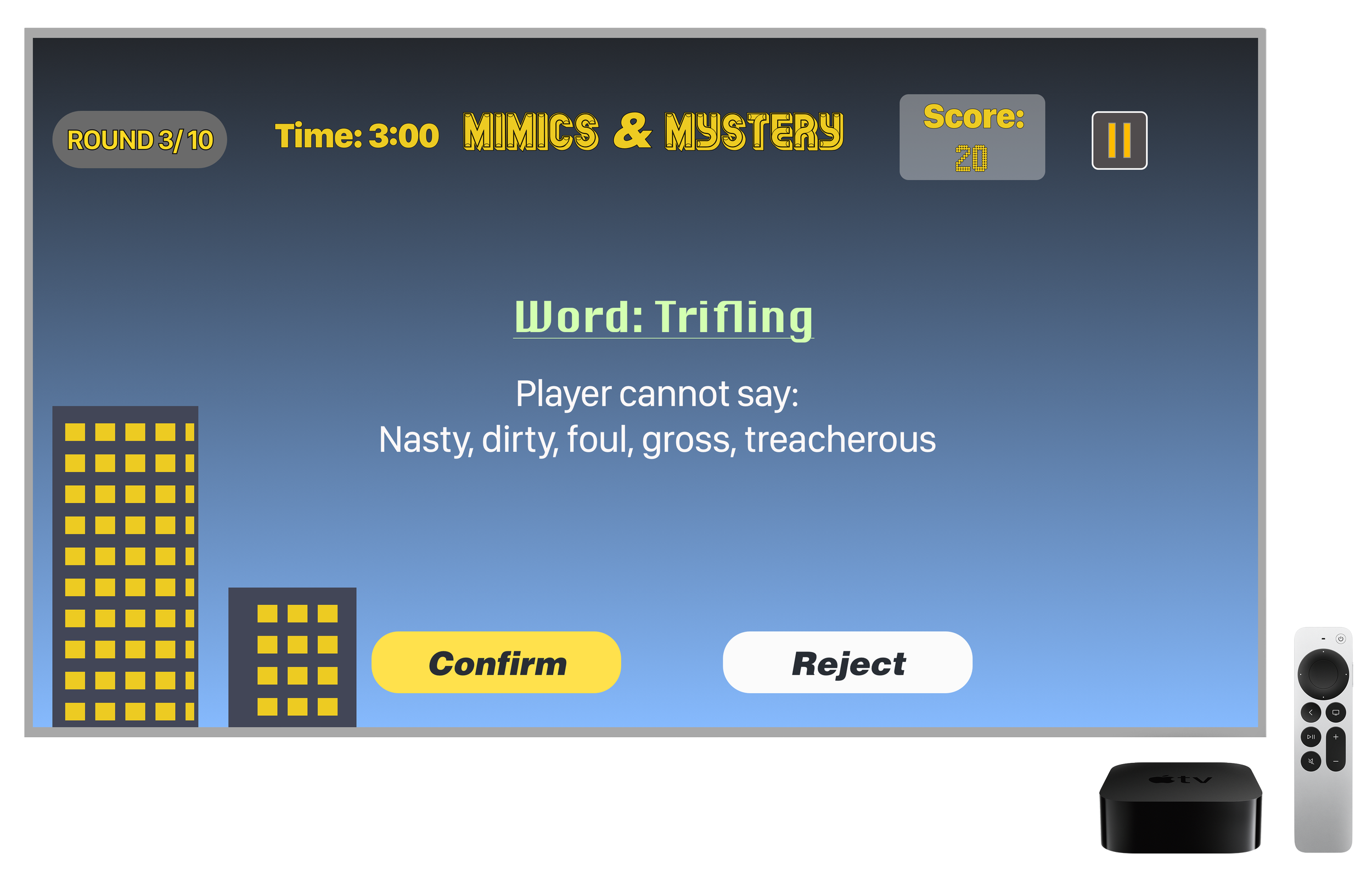 iPad screen displaying a game called "Mimics & Mystery" with the round 3 of 10, a timer set at 3 minutes, a score of 20, and a word "Trifling" with instructions that the player cannot say nasty, dirty, foul, gross, treacherous. There are confirm and reject buttons, and a cityscape background with yellow and gray buildings.